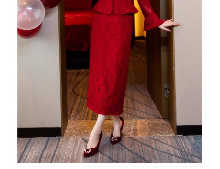 Lace Button-Up Waist Long-Sleeve High Skirt Frog Pencil Top + Set: Buttoned Midi