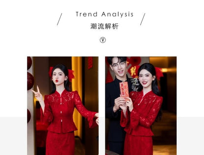 Lace Button-Up Waist Long-Sleeve High Skirt Frog Pencil Top + Set: Buttoned Midi