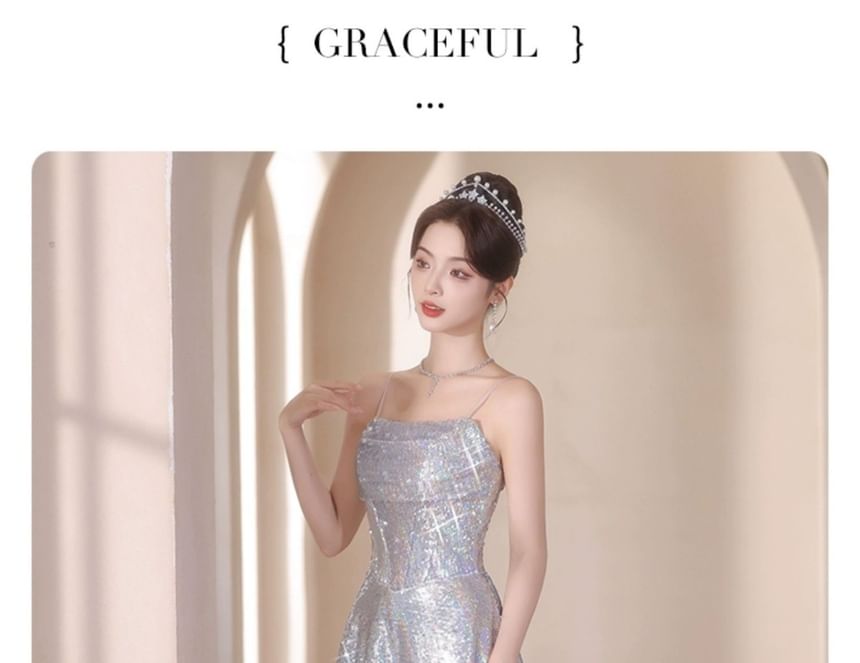 Spaghetti Strap Sequined A-Line Evening Gown
