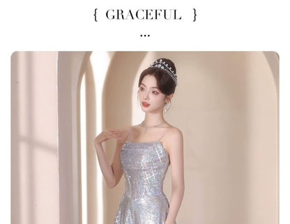 Spaghetti Strap Sequined A-Line Evening Gown