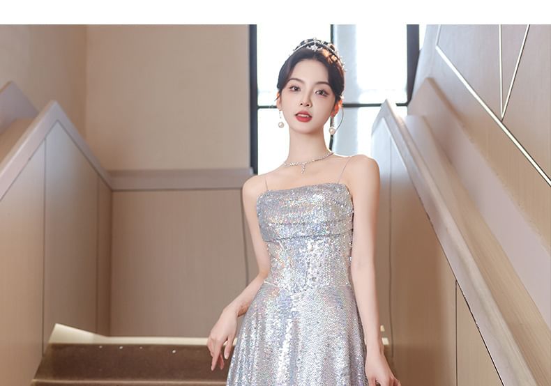 Spaghetti Strap Sequined A-Line Evening Gown