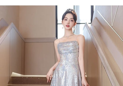 Spaghetti Strap Sequined A-Line Evening Gown