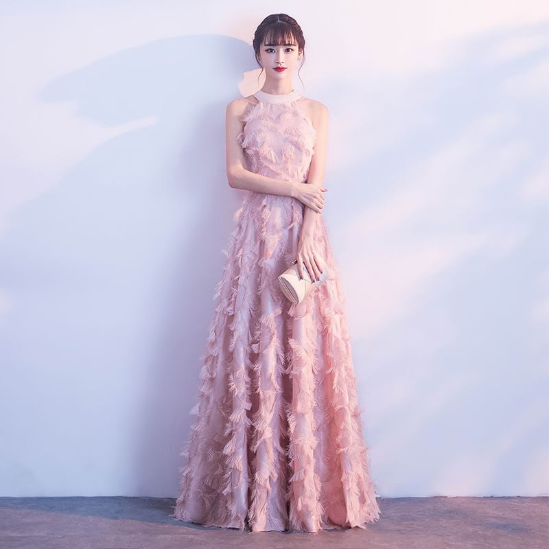 Gown Feather Halter-Neck A-Line Evening