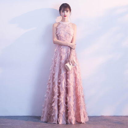 Gown Feather Halter-Neck A-Line Evening