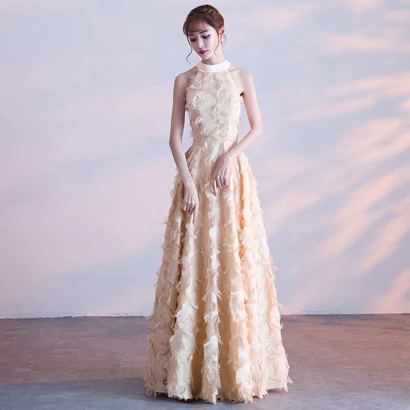 Gown Feather Halter-Neck A-Line Evening