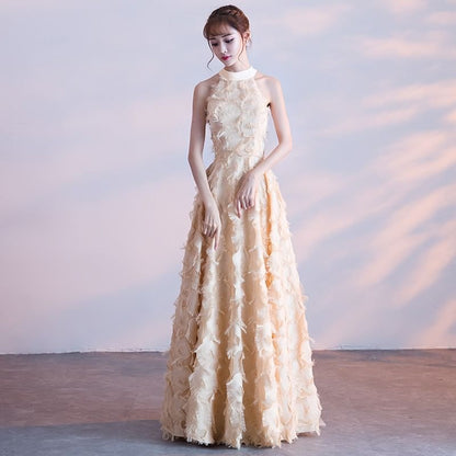 Gown Feather Halter-Neck A-Line Evening