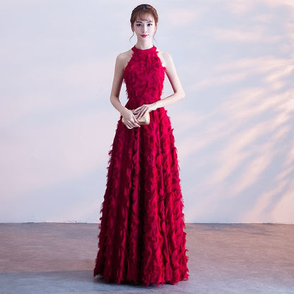 Gown Feather Halter-Neck A-Line Evening