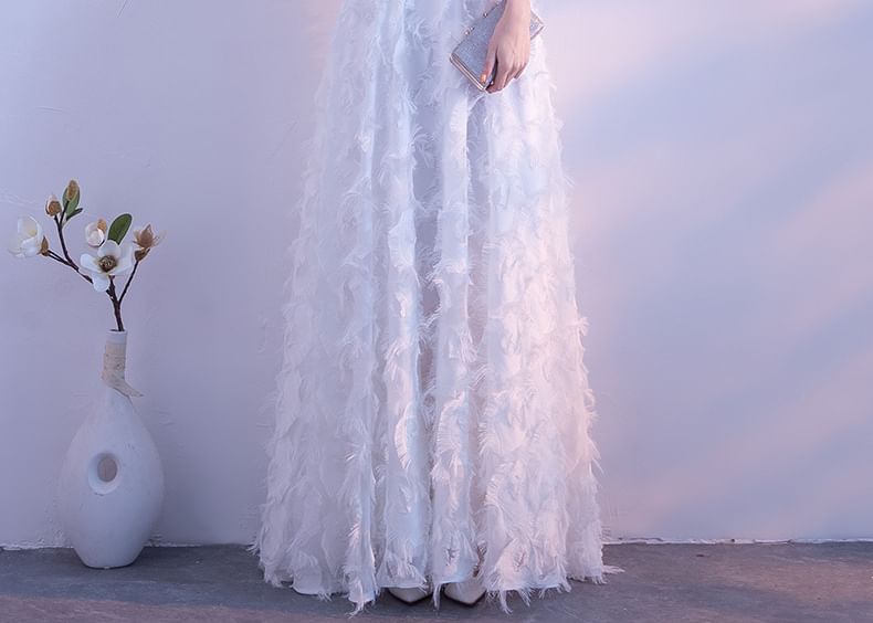 Gown Feather Halter-Neck A-Line Evening