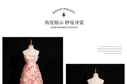 Strap Floral Gown Mesh Applique Spaghetti Evening A-Line