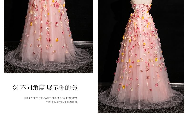 Strap Floral Gown Mesh Applique Spaghetti Evening A-Line