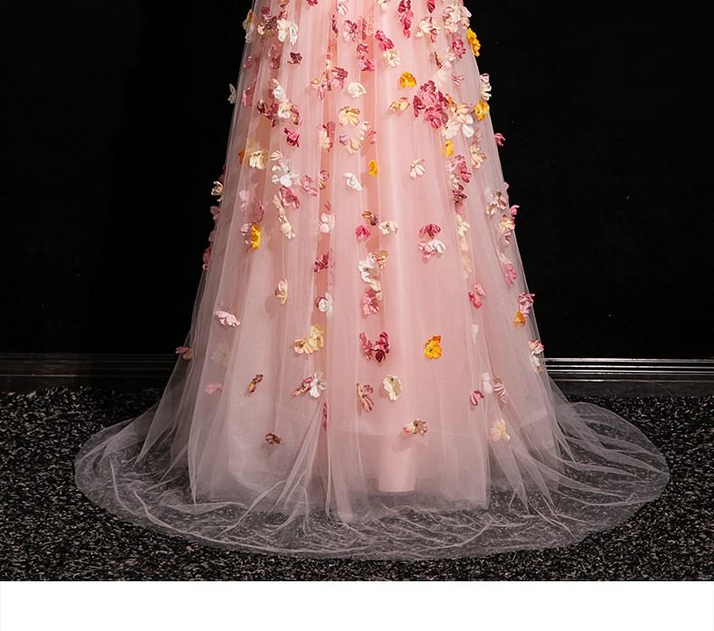 Spaghetti Applique Evening Floral A-Line Gown Mesh Strap