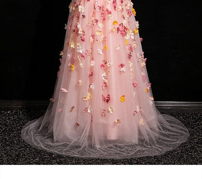 Strap Floral Gown Mesh Applique Spaghetti Evening A-Line