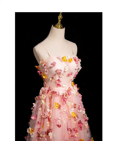 Strap Floral Gown Mesh Applique Spaghetti Evening A-Line