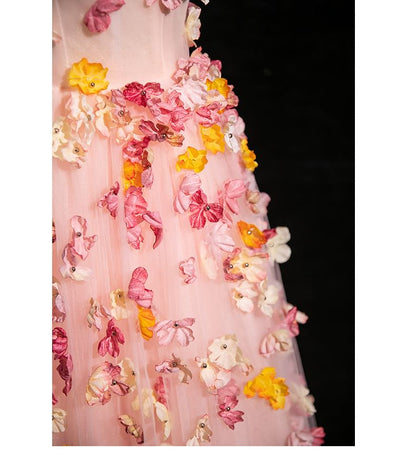 Spaghetti Applique Evening Floral A-Line Gown Mesh Strap