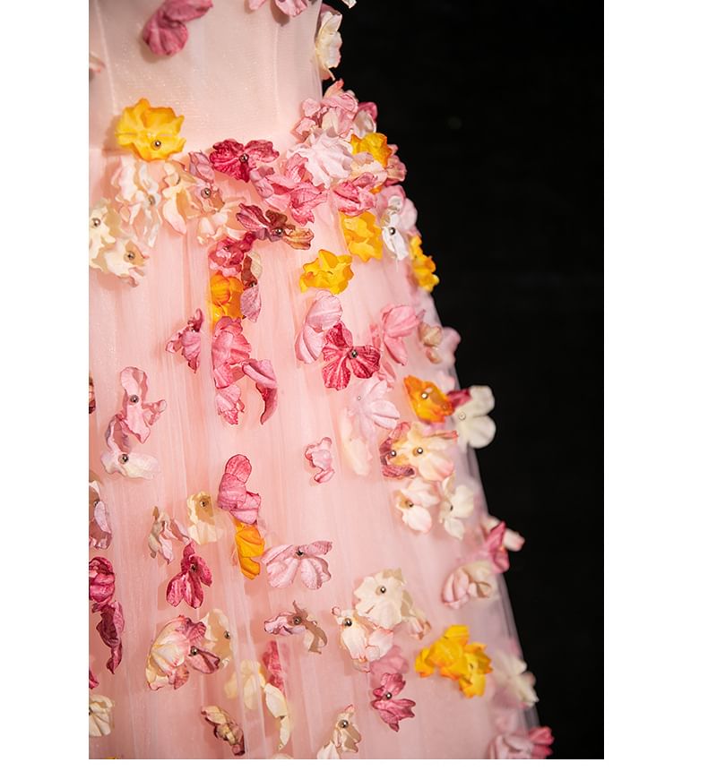 Strap Floral Gown Mesh Applique Spaghetti Evening A-Line