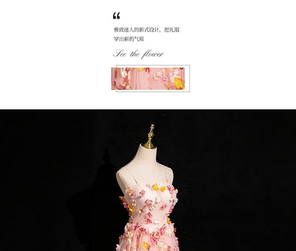 Spaghetti Applique Evening Floral A-Line Gown Mesh Strap