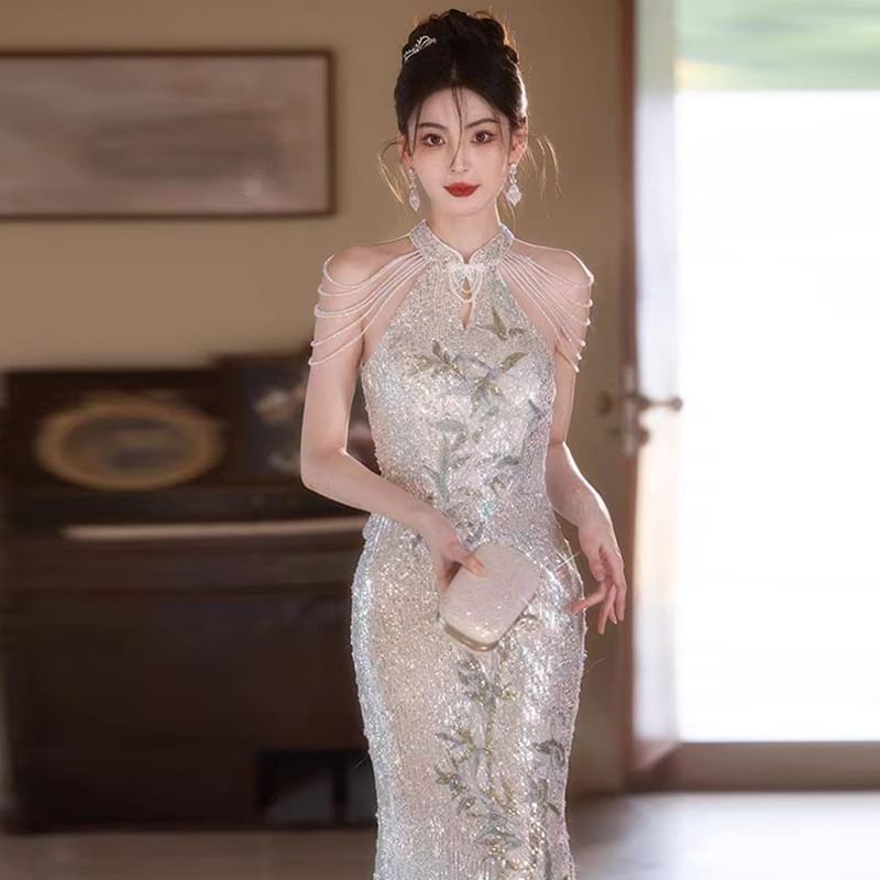 Evening Mermaid Sequined Floral Gown Cold-Shoulder