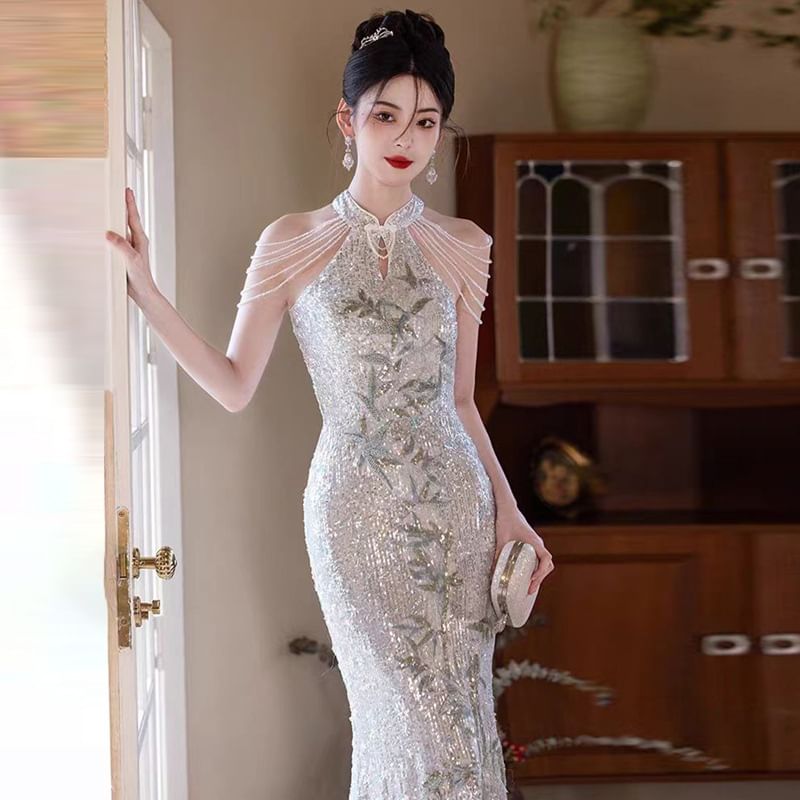 Evening Mermaid Sequined Floral Gown Cold-Shoulder