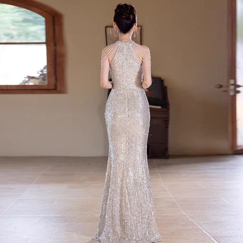 Cold-Shoulder Sequined Floral Mermaid Evening Gown