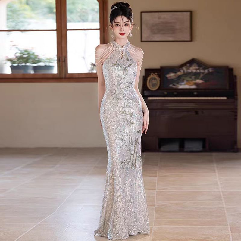 Cold-Shoulder Sequined Floral Mermaid Evening Gown