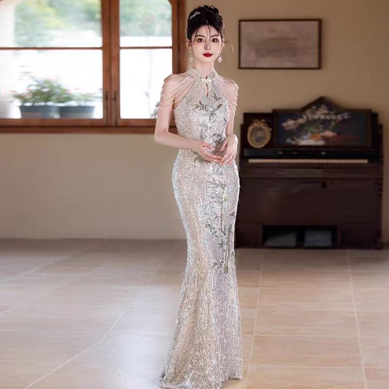 Cold-Shoulder Sequined Floral Mermaid Evening Gown