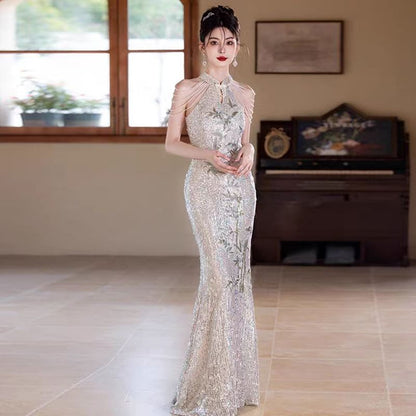 Cold-Shoulder Sequined Floral Mermaid Evening Gown