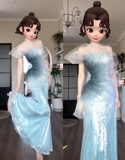 One Shoulder Sequined Ombre Mermaid Evening Gown