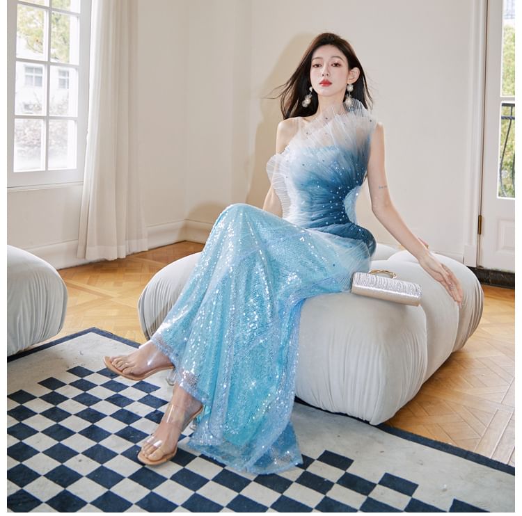 One Shoulder Sequined Ombre Mermaid Evening Gown
