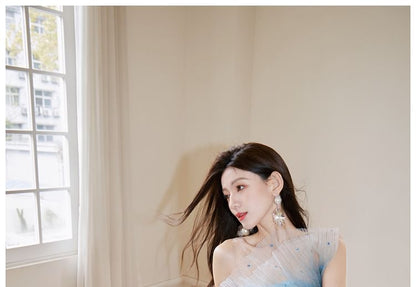 One Shoulder Sequined Ombre Mermaid Evening Gown