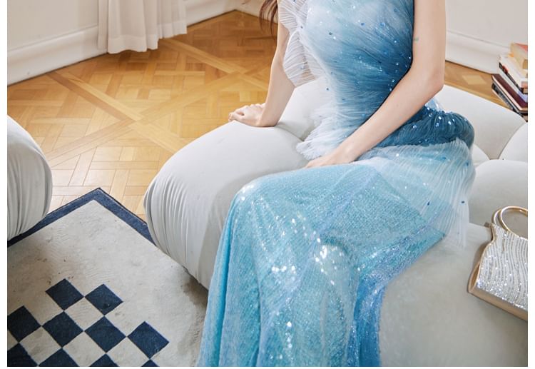One Shoulder Sequined Ombre Mermaid Evening Gown