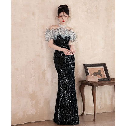 Gown Sequined Off-Shoulder Ruffled Evening Mermaid