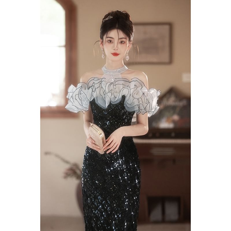 Off-Shoulder Ruffled Sequined Mermaid Evening Gown