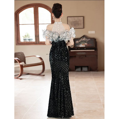 Gown Sequined Off-Shoulder Ruffled Evening Mermaid