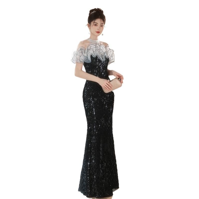 Gown Sequined Off-Shoulder Ruffled Evening Mermaid
