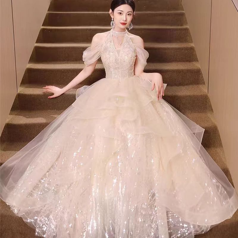 Cold-Shoulder A-Line Evening Sequined Gown Ruffled