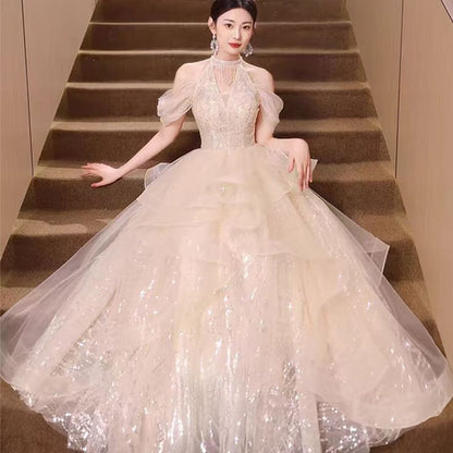 Cold-Shoulder A-Line Evening Sequined Gown Ruffled