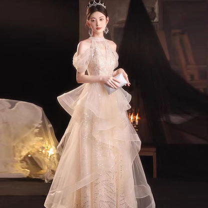 Cold-Shoulder A-Line Evening Sequined Gown Ruffled