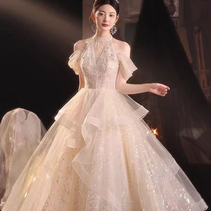 Cold-Shoulder Sequined Ruffled Evening Gown A-Line