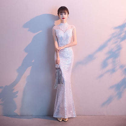 Short-Sleeve Evening Mermaid Neck Gown Sequined High Fringe