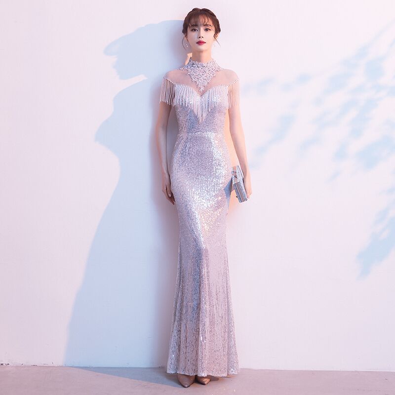 Short-Sleeve Evening Mermaid Neck Gown Sequined High Fringe
