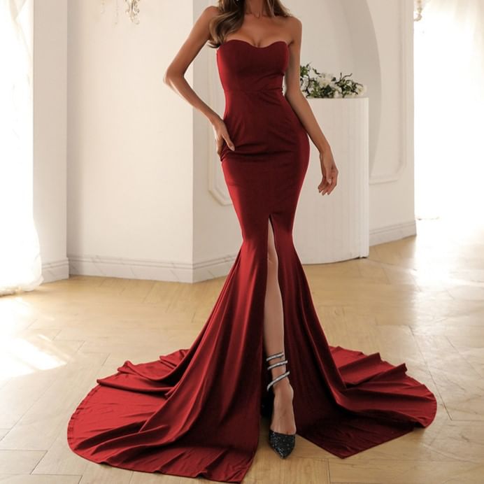 Slit Gown Mermaid Evening Plain Neckline Strapless Sweetheart Trained