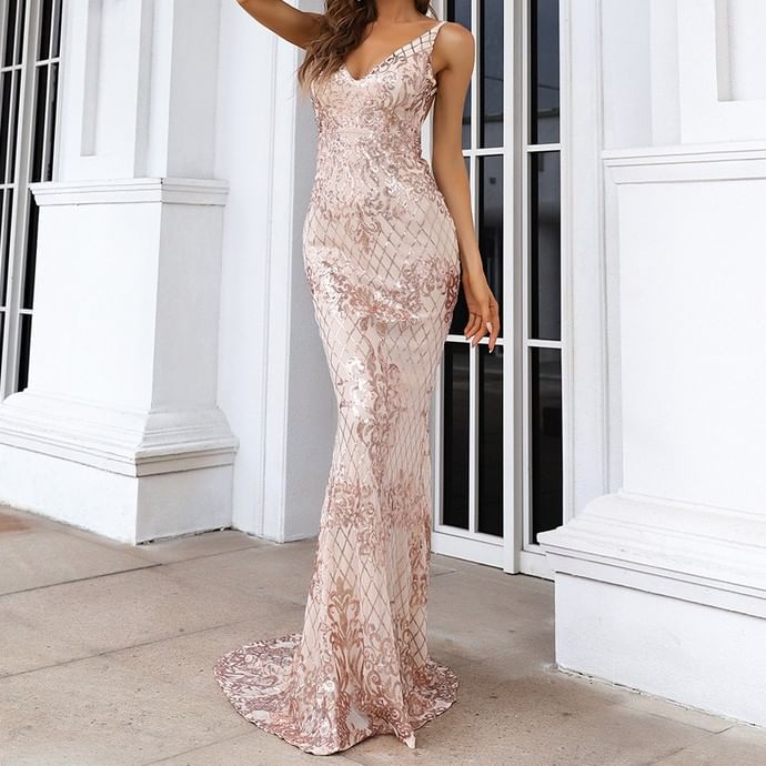 Mermaid Evening Spaghetti Sequin V-Neck Strap Patterned Gown