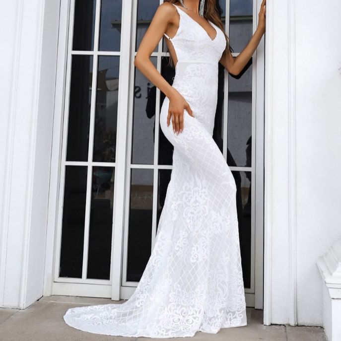 Mermaid Evening Spaghetti Sequin V-Neck Strap Patterned Gown