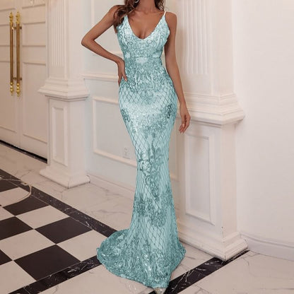 Mermaid Evening Spaghetti Sequin V-Neck Strap Patterned Gown