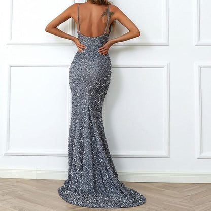 Back Trained Slit Sequin Gown V-Neck Open Strap Evening Mermaid Spaghetti
