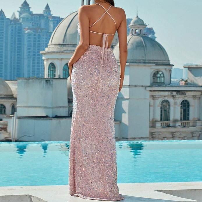 Back Bodycon Plunge Sequin Halter Evening Slit Open V-Neck Gown