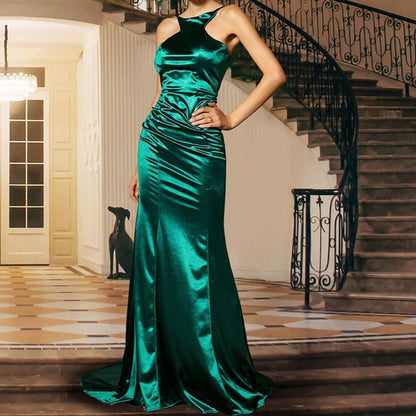 Halter Neck Plain Trained Open Back Mermaid Evening Gown