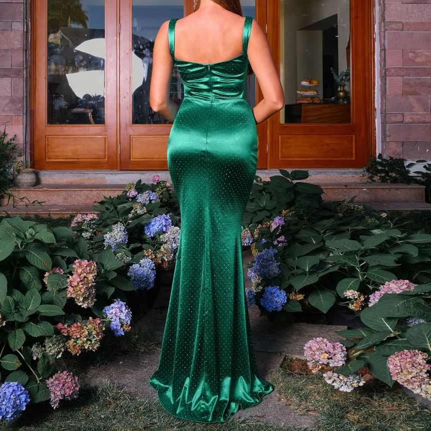 Sleeveless Plain Glitter Open Back Mermaid Evening Gown