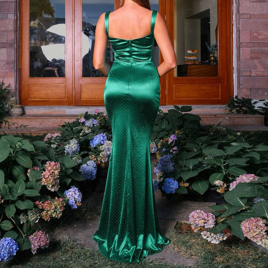 Sleeveless Plain Glitter Open Back Mermaid Evening Gown