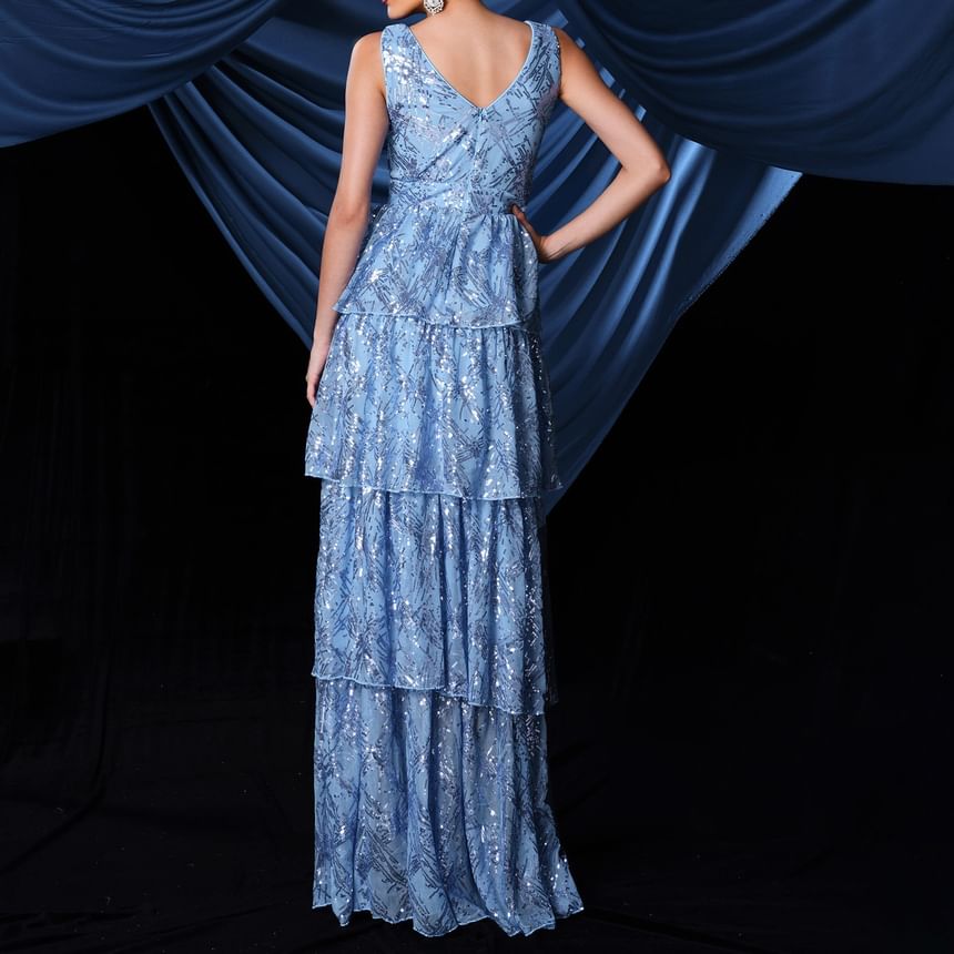 A-Line Evening Gown Tiered Sleeveless V-Neck Sequin Plunge